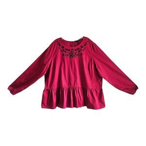 LANE BRYANT Plus 26 Peasant Blouse Red Black Embroidered Balloon Sleeve Bust 54"